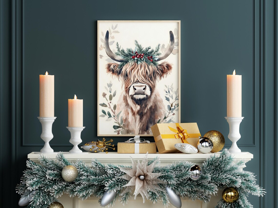 Highland Cow Mistletoe Crown Watercolor Christmas Animal Poster - Image 7