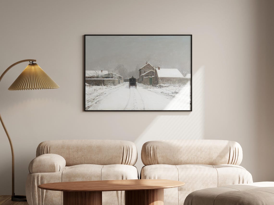 Horse Drawn Carriage On A Snowy Village Road Winter Painting Poster - Image 2