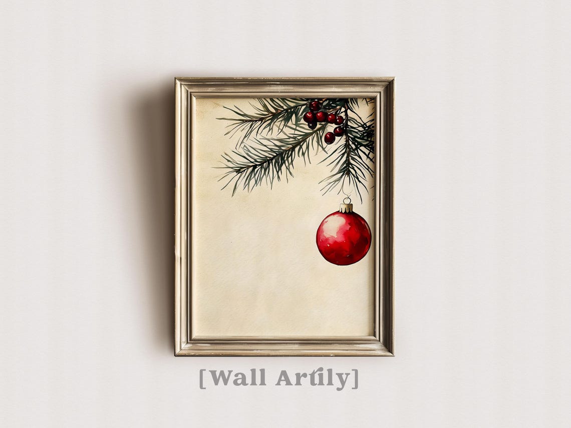 Red Christmas Ornament Hanging From Pine Branch Watercolor Poster - Image 7