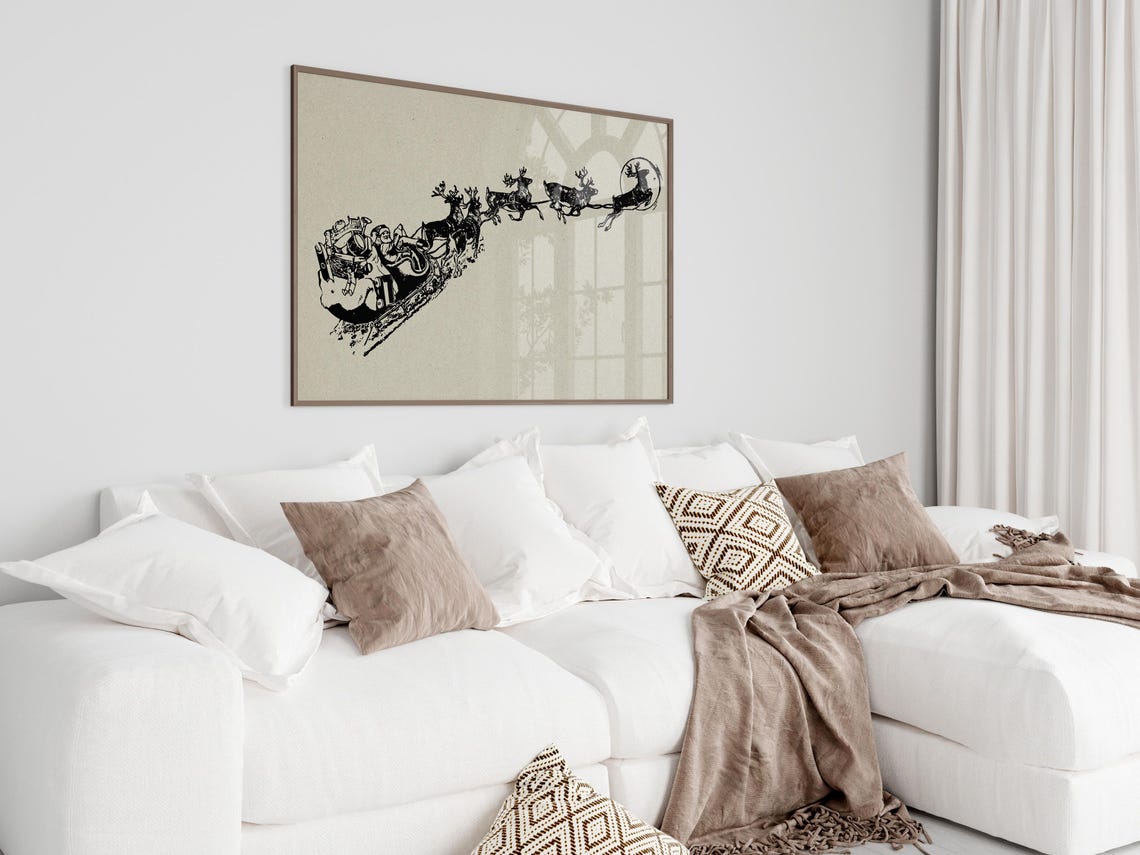 Santa Claus Flying Sleigh Reindeer Vintage Christmas Engraving Poster - Image 2