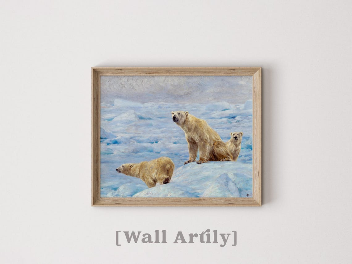 Three Polar Bears On Arctic Ice Vintage Wildlife Painting Poster - Image 2