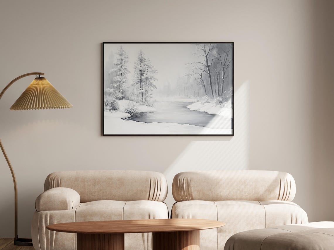 Monochrome Winter River Misty Trees Snowy Landscape Art Poster - Image 2