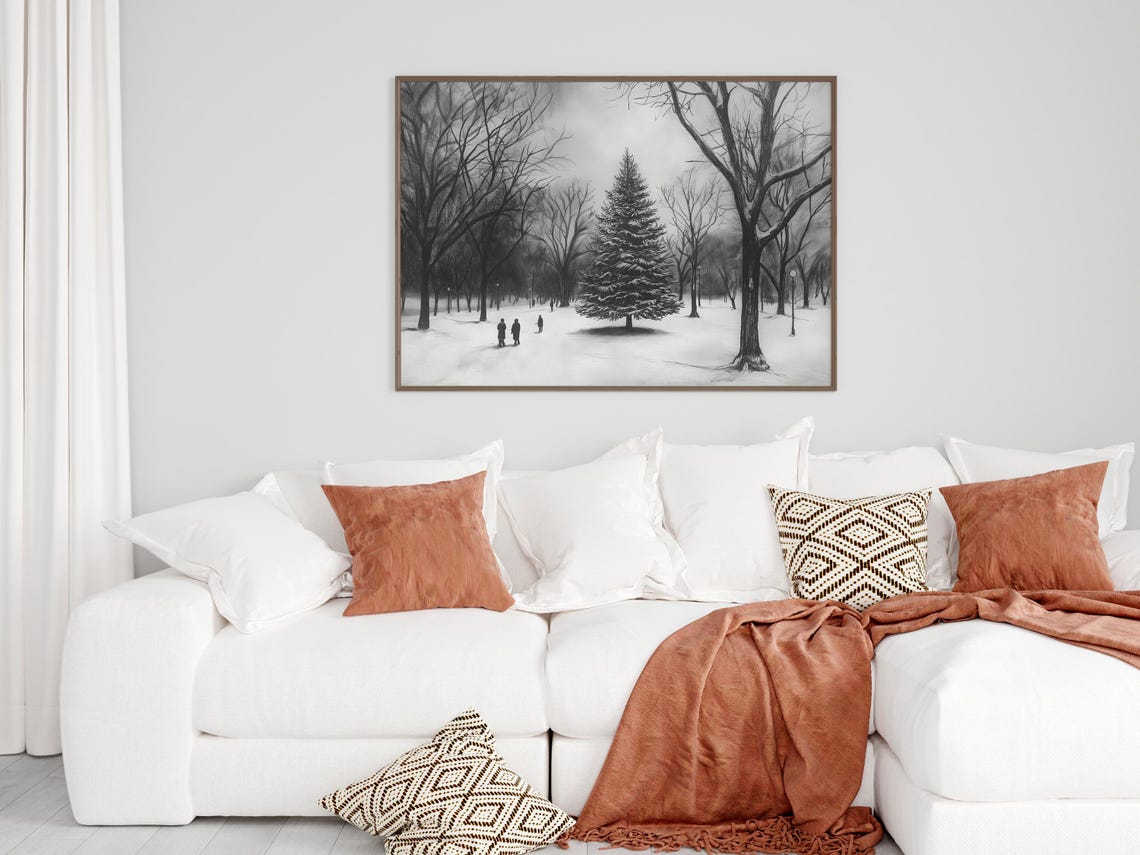 Monochrome Pencil Sketch Snowy Park Christmas Tree Drawing Poster - Image 4