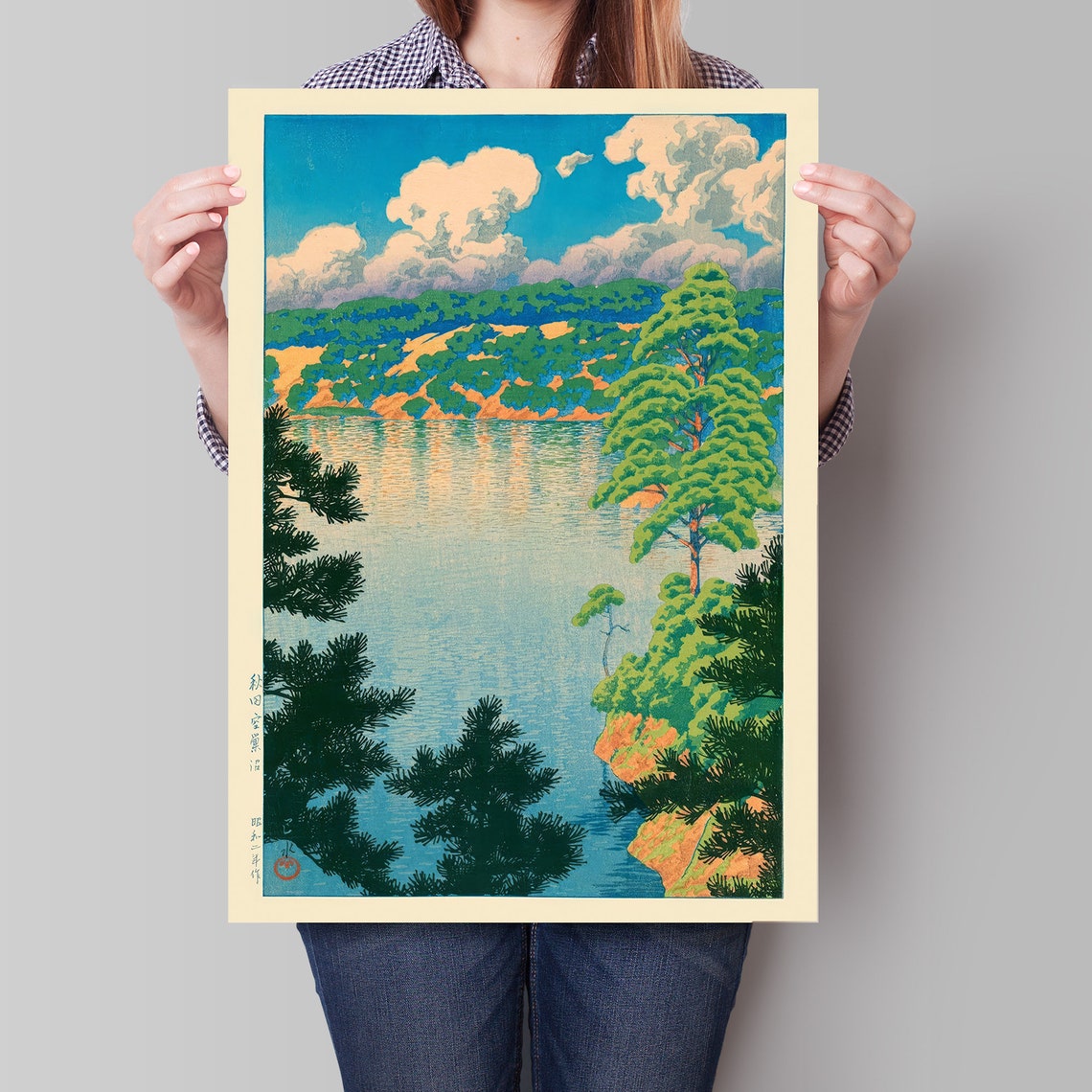 Japanese Lake Pine Trees Clouds Woodblock Style Serene Poster - Image 4