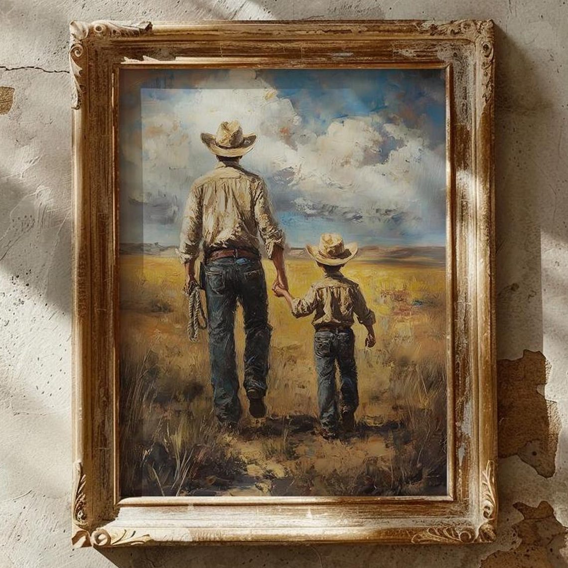 Cowboy Father and Young Son Walking Hand in Hand Across Prairie Poster