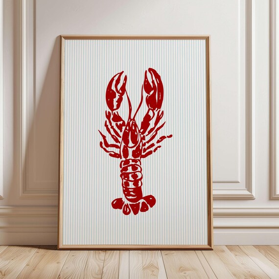 Lobster Print Blue Stripes Kitchen Wall Art Seafood Dining Room Decor Retro Food Red Prints