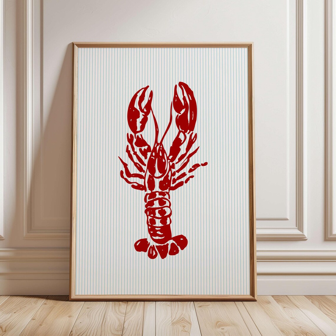 Lobster Print Blue Stripes Kitchen Wall Art Seafood Dining Room Decor Retro Food Red Prints