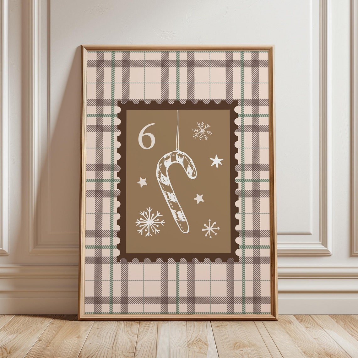 Candy Cane Postage Stamp On Brown Plaid Christmas Holiday Poster