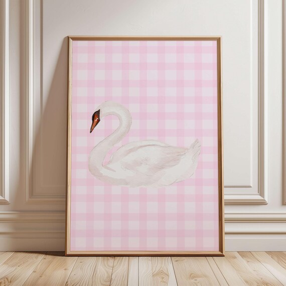 Gingham Swan Watercolor Print Romantic Wall Art Girls Bedroom Prints Pastel Pink Nursery Cottage