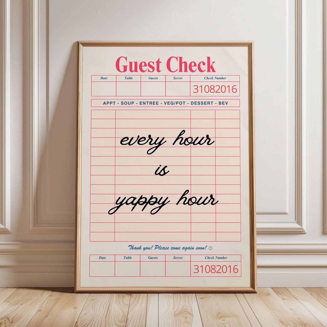 Yappy Hour Guest Check Vintage Restaurant Receipt Bar Quote Print