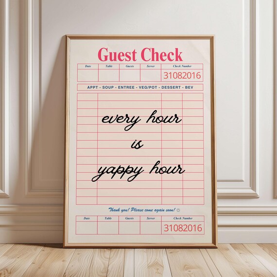 Yappy Hour Guest Check Vintage Restaurant Receipt Bar Quote Print