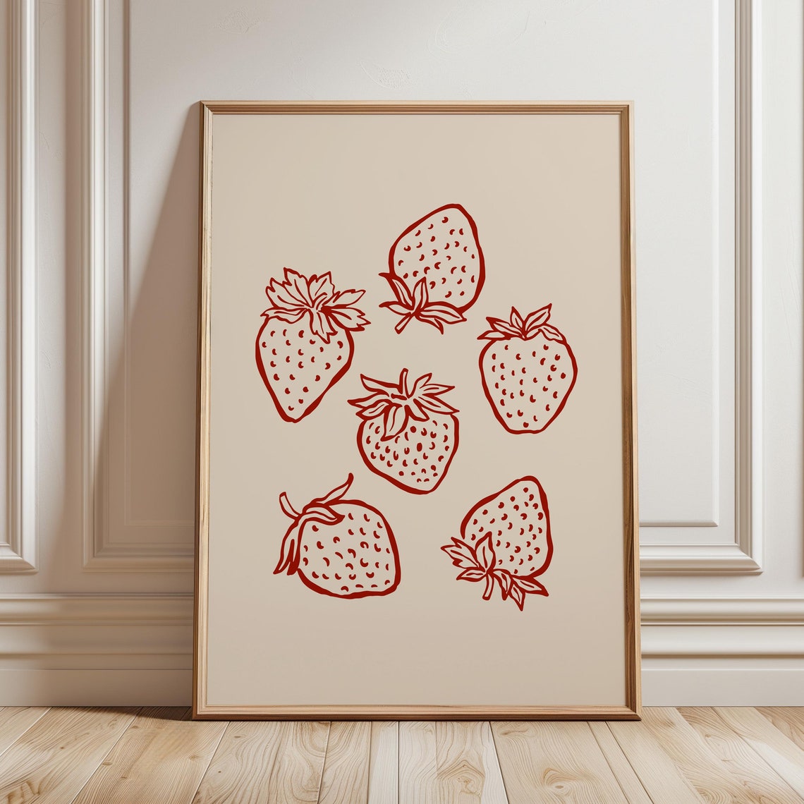 Red Line Art Strawberries Minimalist Kitchen Fruit Decor Poster