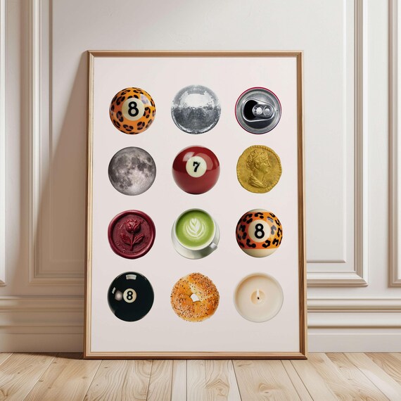 Retro Collage Poster Leopard 8 Ball Print Vintage Circles Funky Disco Wall Dorm Room Art