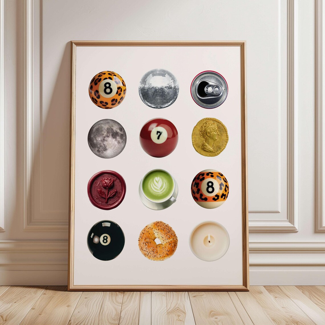 Retro Collage Poster Leopard 8 Ball Print Vintage Circles Funky Disco Wall Dorm Room Art