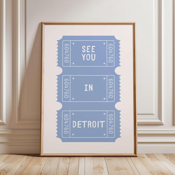 See You in Detroit Blue Ticket Stub Retro Michigan Travel Print