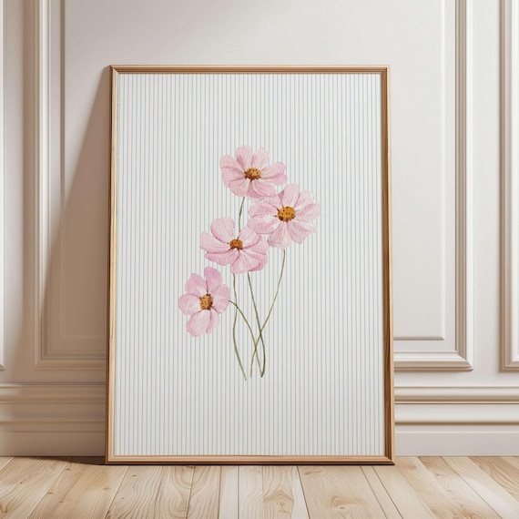 Pink Cosmos Flowers on Blue Striped Background Botanical Wall Art