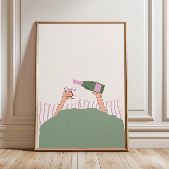 Wine In Bed Illustrated Cozy Night In Fun Girly Bedroom Decor Poster