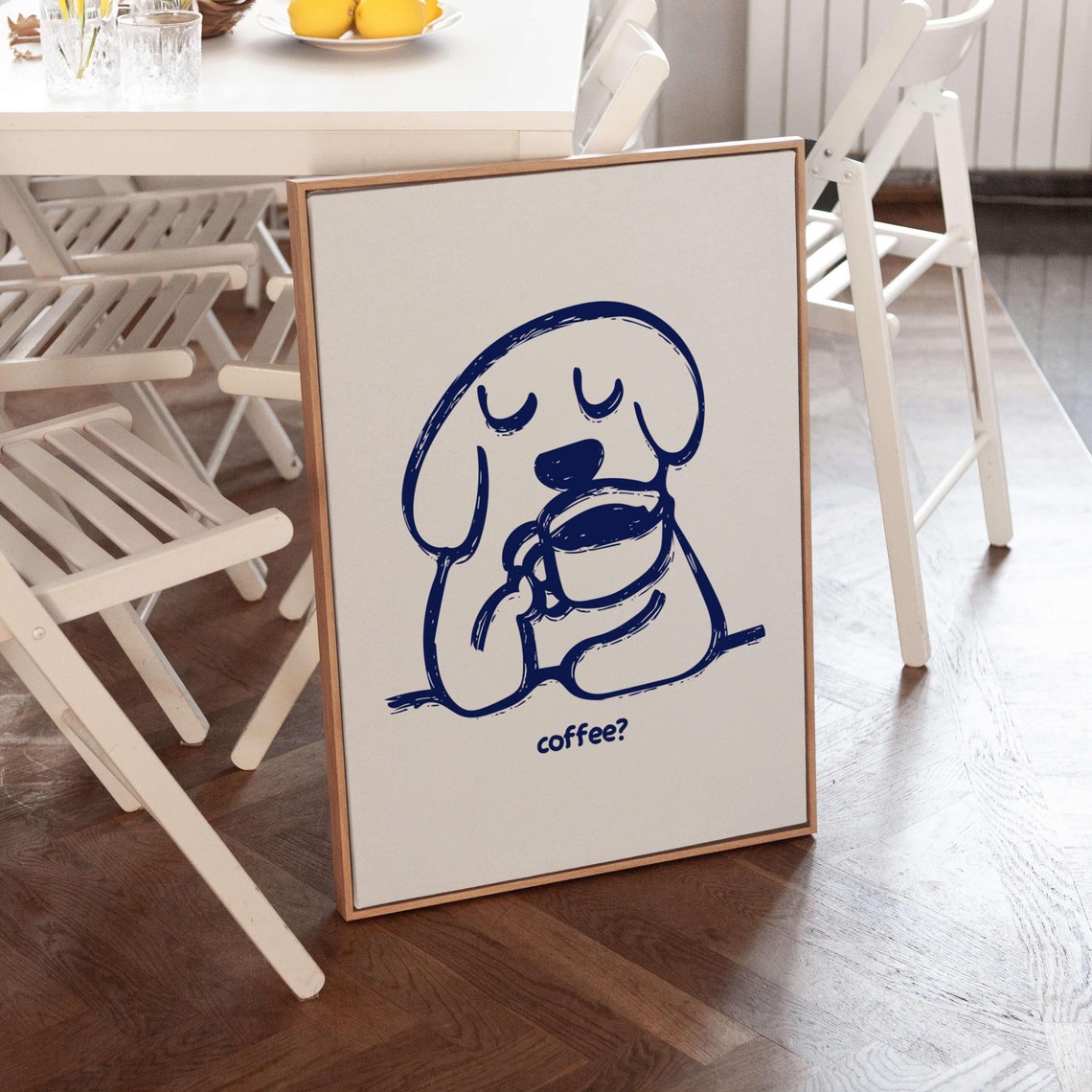 Sleepy Doodle Dog Hugging Coffee Cup With Funny Coffee Text Wall Art