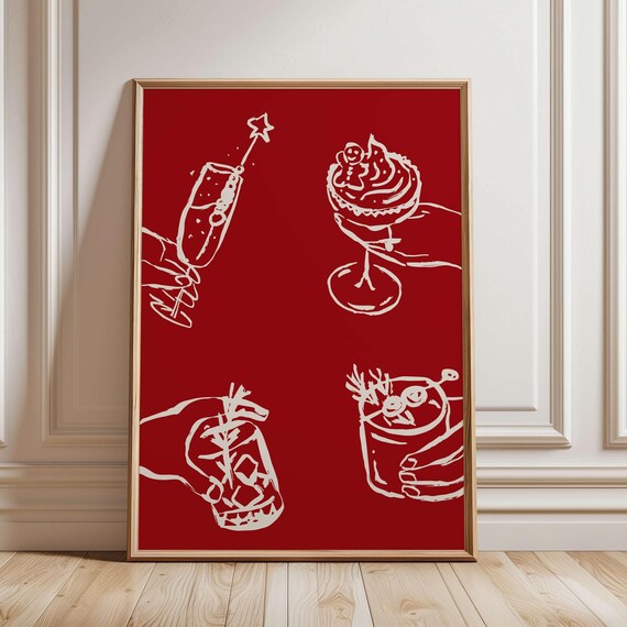 Red Christmas Bar Cart Cheers Holiday Cocktail Line Art Poster