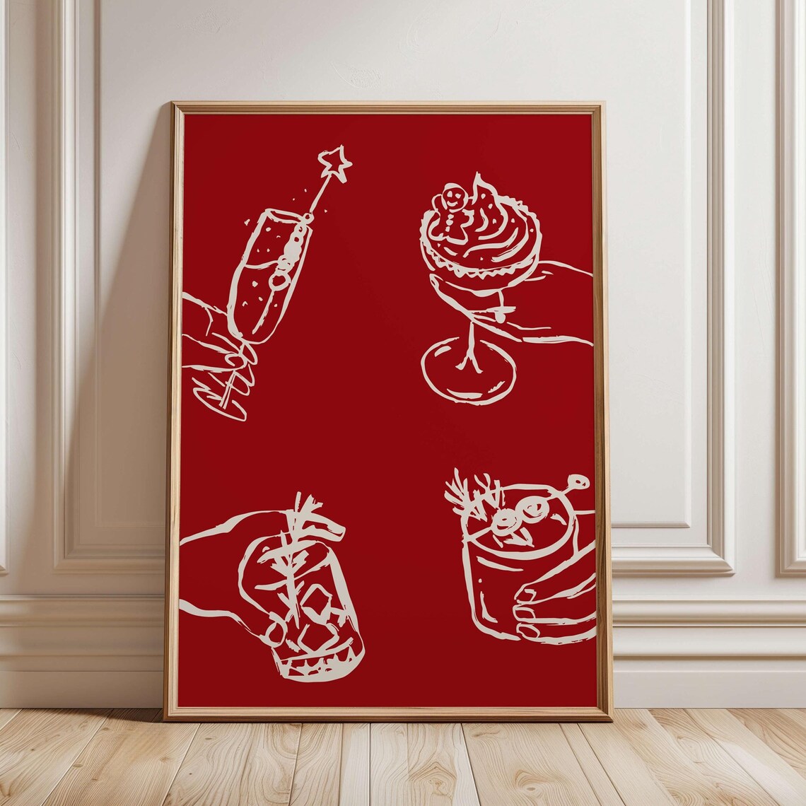 Red Christmas Bar Cart Cheers Holiday Cocktail Line Art Poster