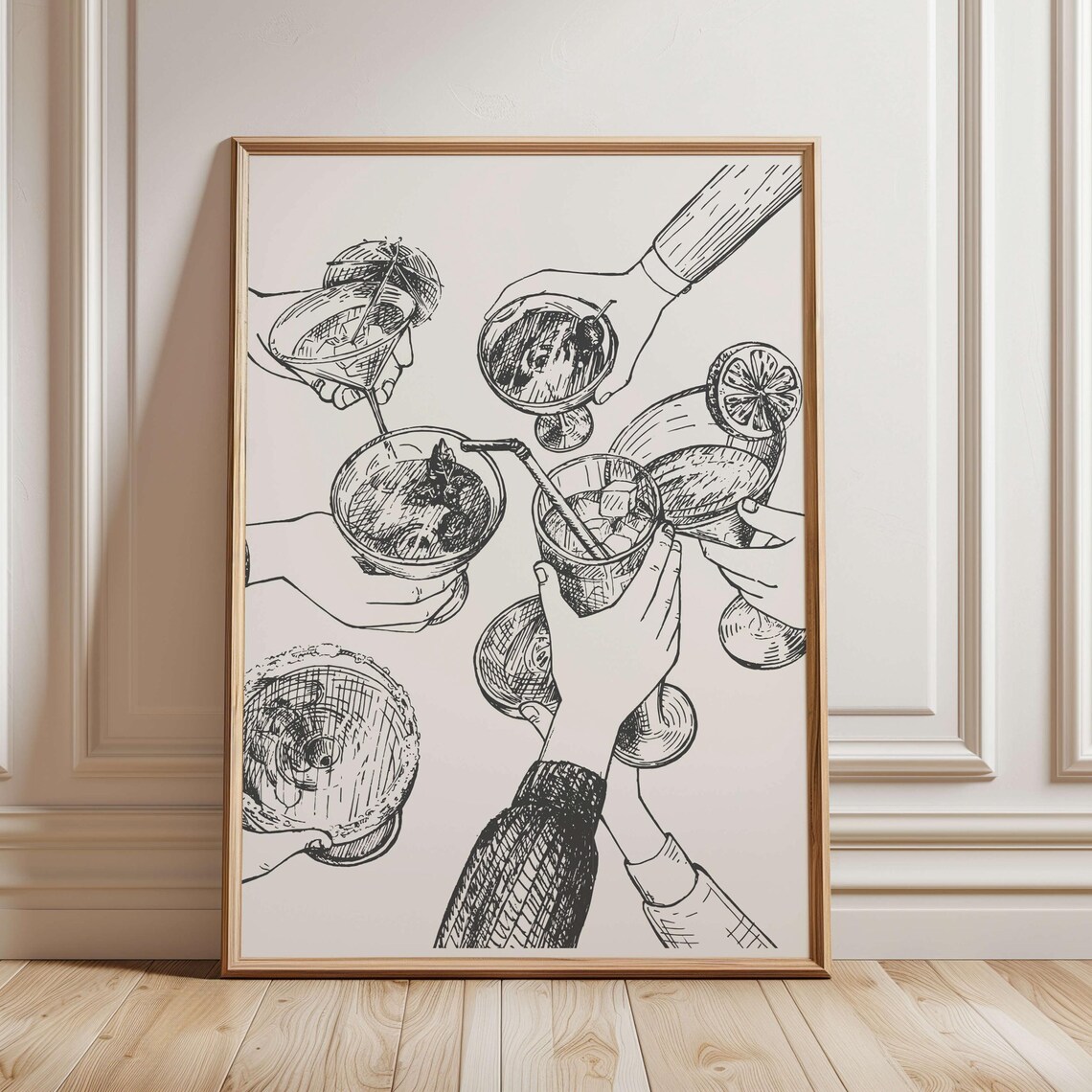 Cheers Cocktail Toast Ink Sketch Black and White Bar Wall Art