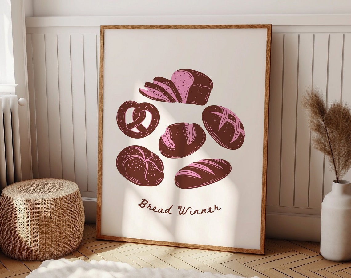 Bread Winner Illustrated Breads in Brown and Pink Kitchen Poster
