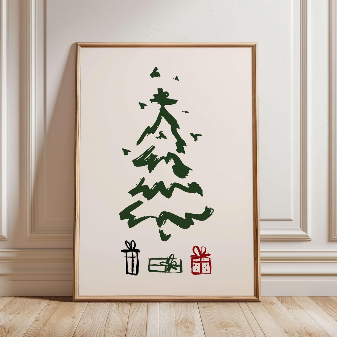 Minimalist Green Christmas Tree Brushstroke With Gifts Poster