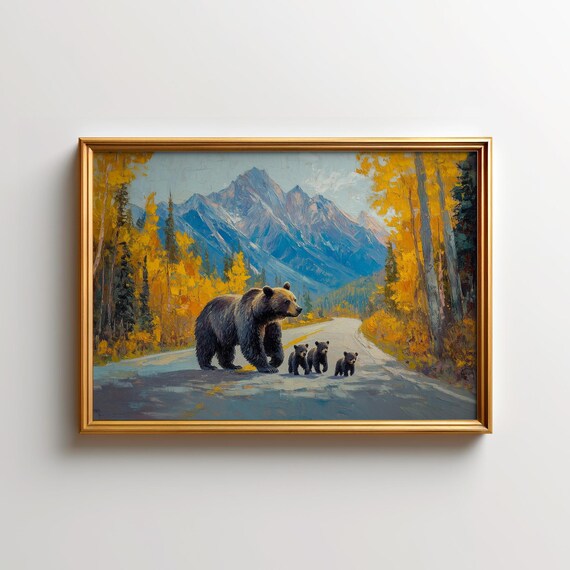 Grizzly Bear and Cubs Crossing Autumn Mountain Road Wildlife Oil Painting Poster
