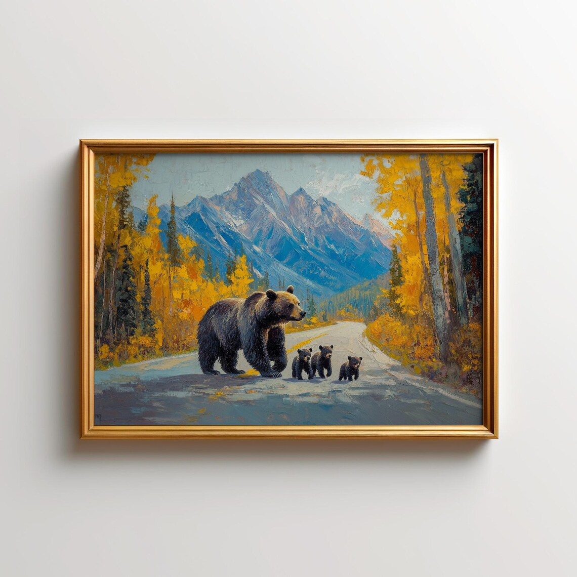 Grizzly Bear and Cubs Crossing Autumn Mountain Road Wildlife Oil Painting Poster