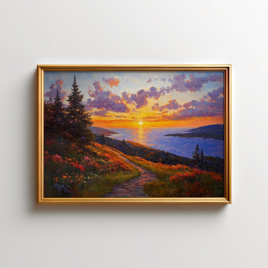 Ocean Sunset Coastal Trail Wildflowers Pines Golden Clouds Oil Painting Poster