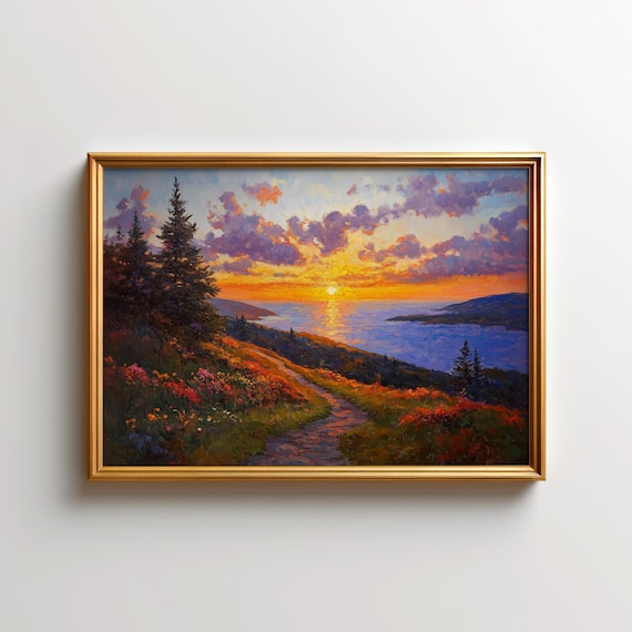 Ocean Sunset Coastal Trail Wildflowers Pines Golden Clouds Oil Painting Poster