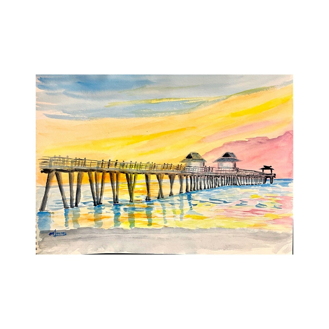 Naples Pier Sunset Watercolor Art Print, Florida