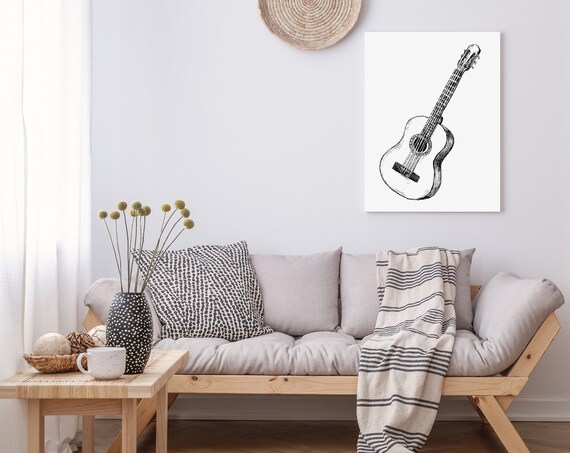 Acoustic Guitar Ink Sketch Minimalist Music Wall Decor Drawing Poster