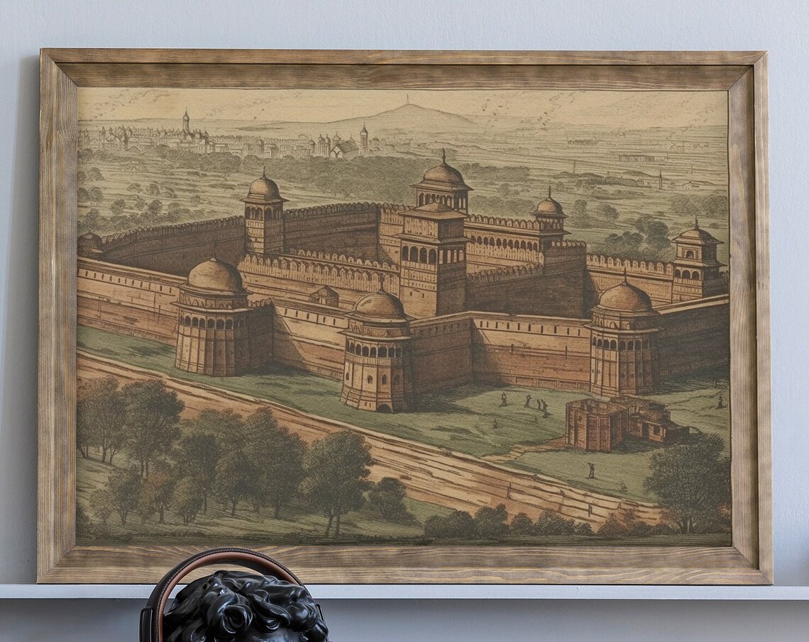Red Fort New Delhi Vintage Woodblock Style India Travel Poster