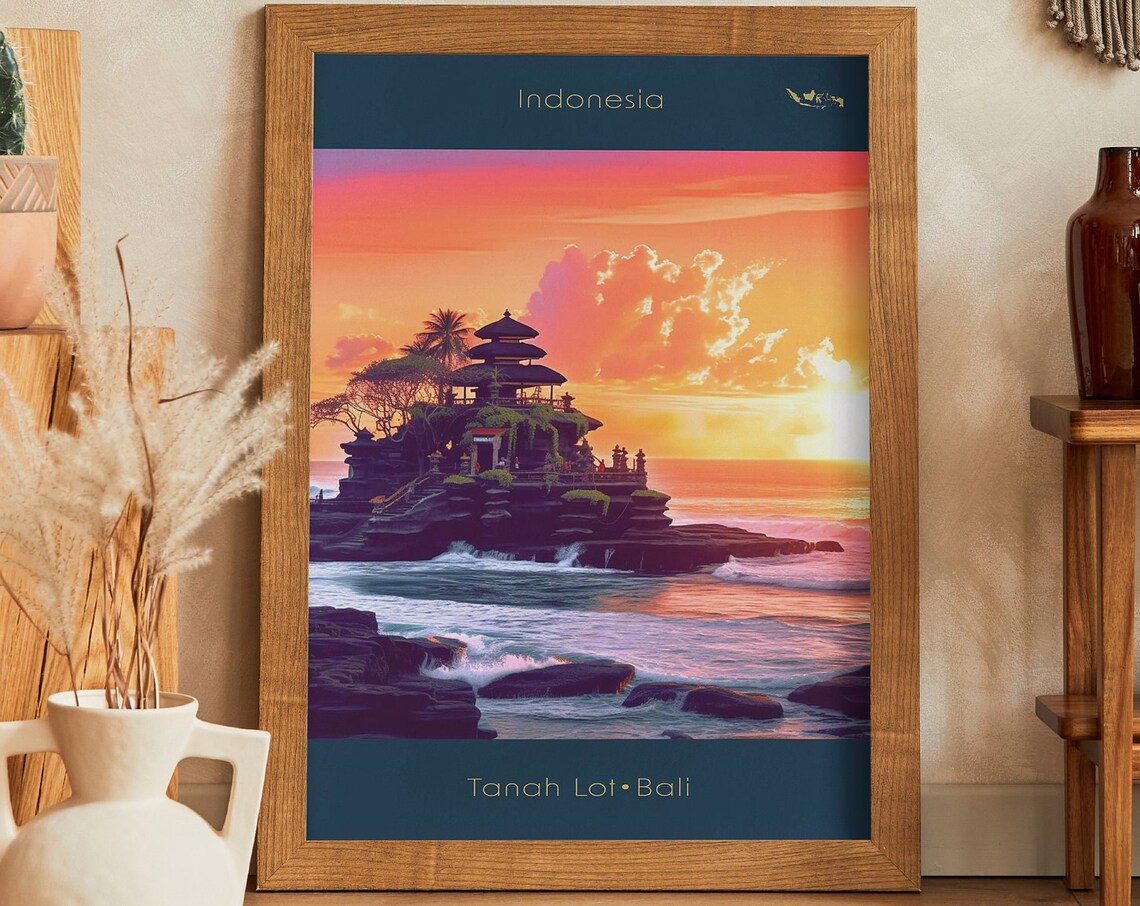 Tanah Lot Temple Bali Sunset Over the Ocean Rock Travel Poster