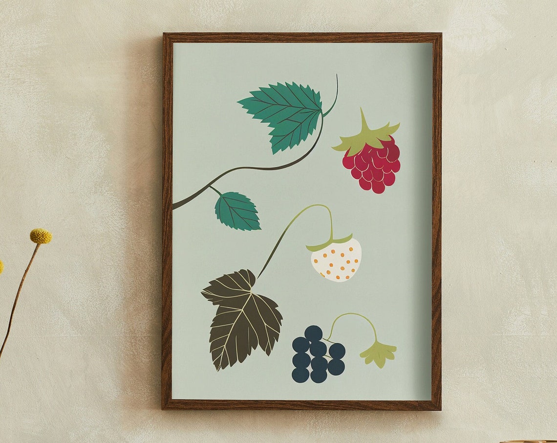 Mid Century Modern Berry Branch Illustration Kitchen Decor Poster