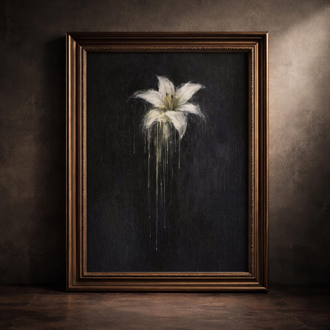 Dark Academia White Lily Floral Painting Moody Botanical Dripping Art Poster