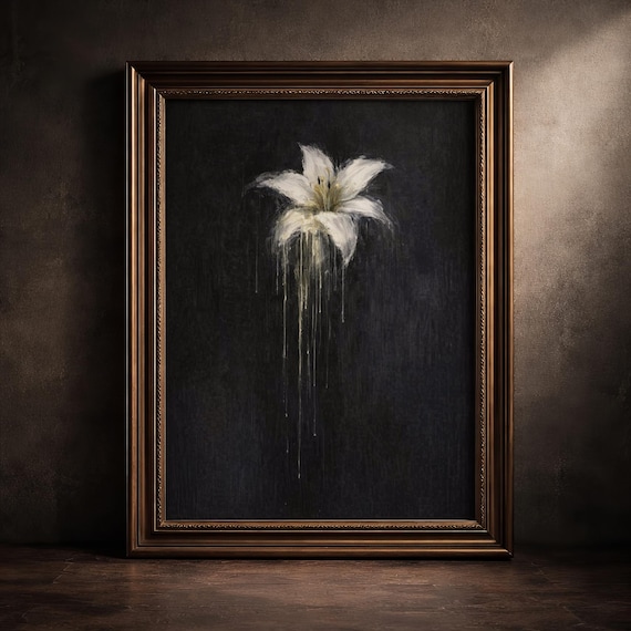 Dark Academia White Lily Art Print Cottagecore Botanical Flower Poster Moody Victorian Decor Gothic Floral Oil Painting Digital Download