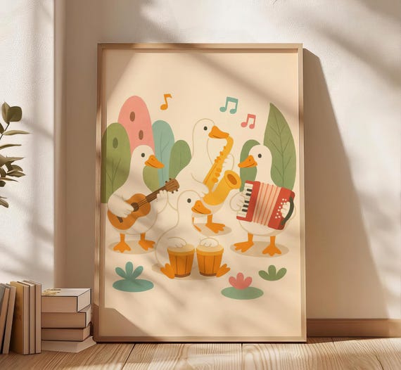 Geese Band Playing Instruments Art Print Playful Musical Goose Poster For Kids Room Whimsical Dopamine Decor Nursery Baby Shower Gift