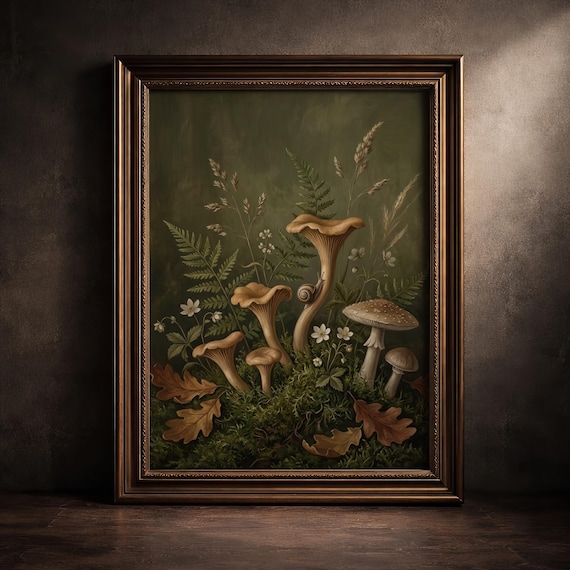 Moody Woodland Mushroom Art Dark Academia Botanical Print Cottagecore Nature Painting Vintage Fungi Poster Goblincore Wall Decor