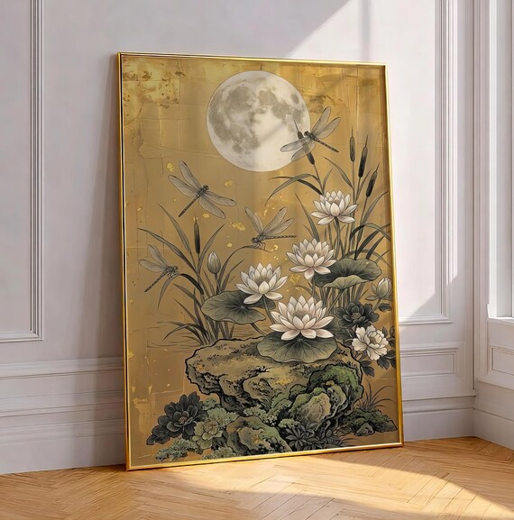 Dragonfly Water Lily Art Print Japanese Gold Leaf Wall Decor Zen Botanical Artwork Asian Nature Painting Luxury Pond Japandi Home