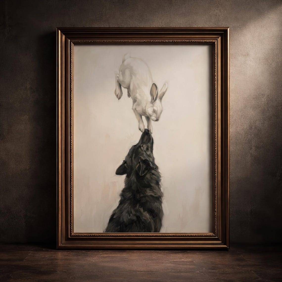 White Rabbit Leaping Over Black Wolf Yin Yang Moody Art Print