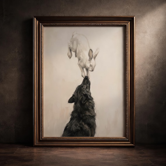 Rabbit And Wolf Painting Print Minimalist Dark Academia Wall Art Yin Yang Nature Poster Moody Neutral Cottagecore Decor Modern Artwork