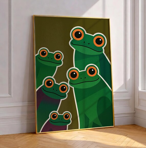 Funny Nosy Frogs Art Print Retro Midcentury Illustration Kitsch Animal Pattern Poster Abstract Funky Whimsical Painting For Nursery Decor