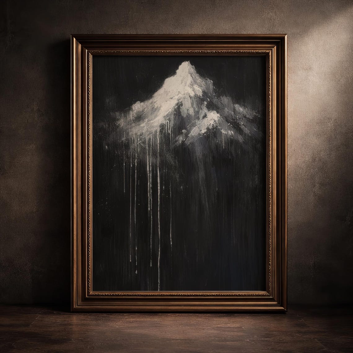 Black And White Mountain Peak Dripping Moody Oil Painting Poster