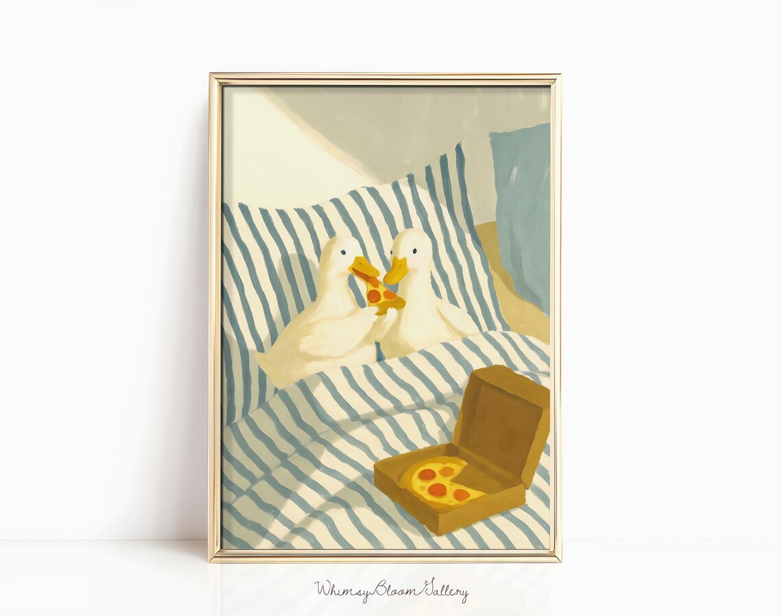 Two Ducks Eating Pizza Retro Italian Food Poster