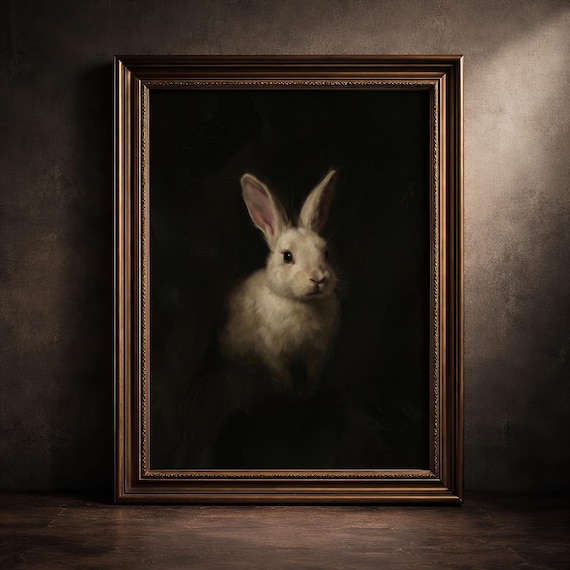 Dark Academia Rabbit Print Moody Bunny Wall Art Vintage Hare Painting Gothic Cottagecore Decor Antique Animal Poster Digital Download