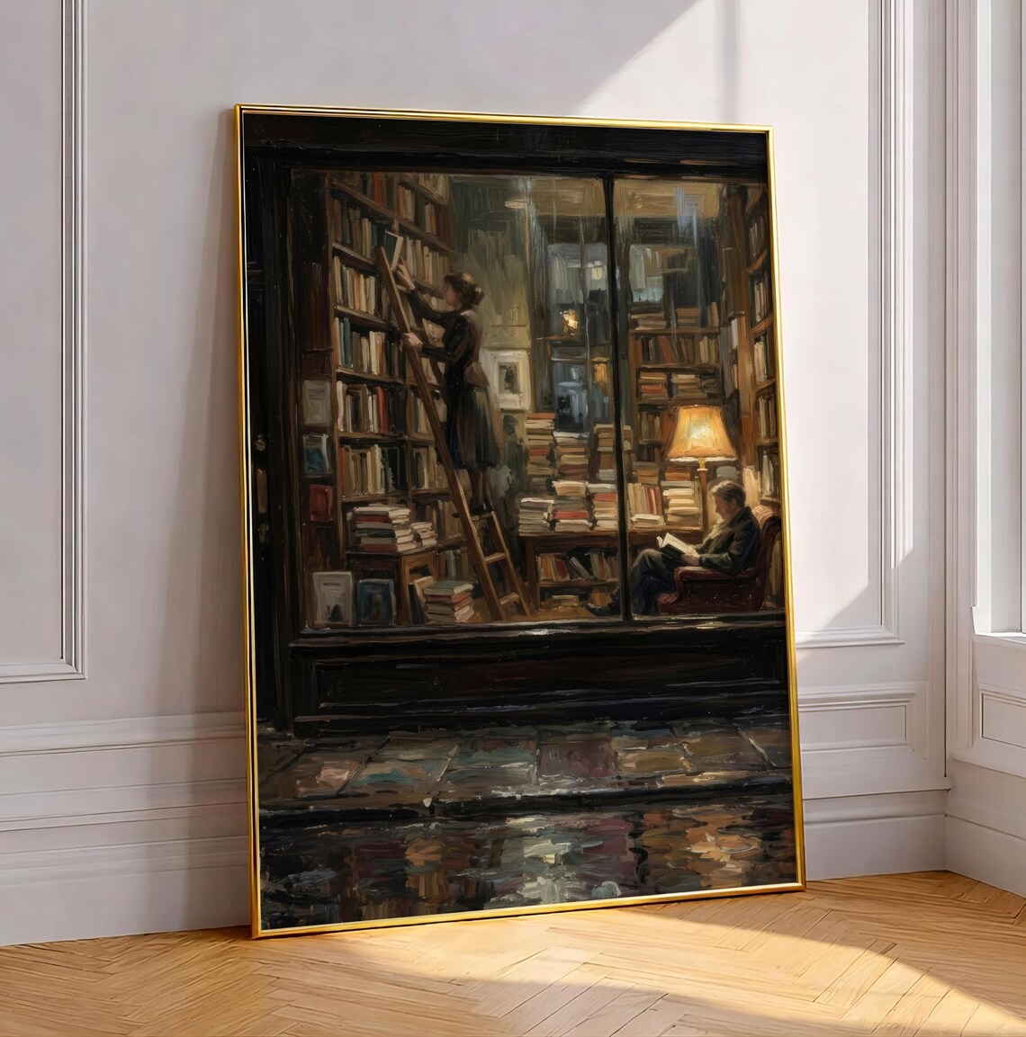 Cozy Bookshop Rainy Window Art Print, Dark Academia
