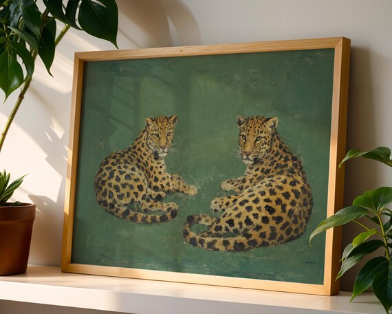 Emerald Cheetah Printable Vintage Abstract Oil Painting Unique European Cottagecore Wall Art Retro Glam Poster Digital Download