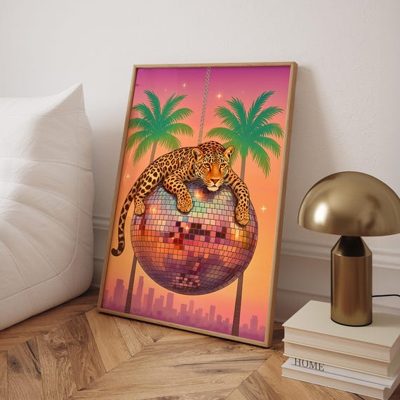 Leopard On Disco Ball Poster Vibrant Maximalist Prints Jungle Print Wall Decor Art Digital File